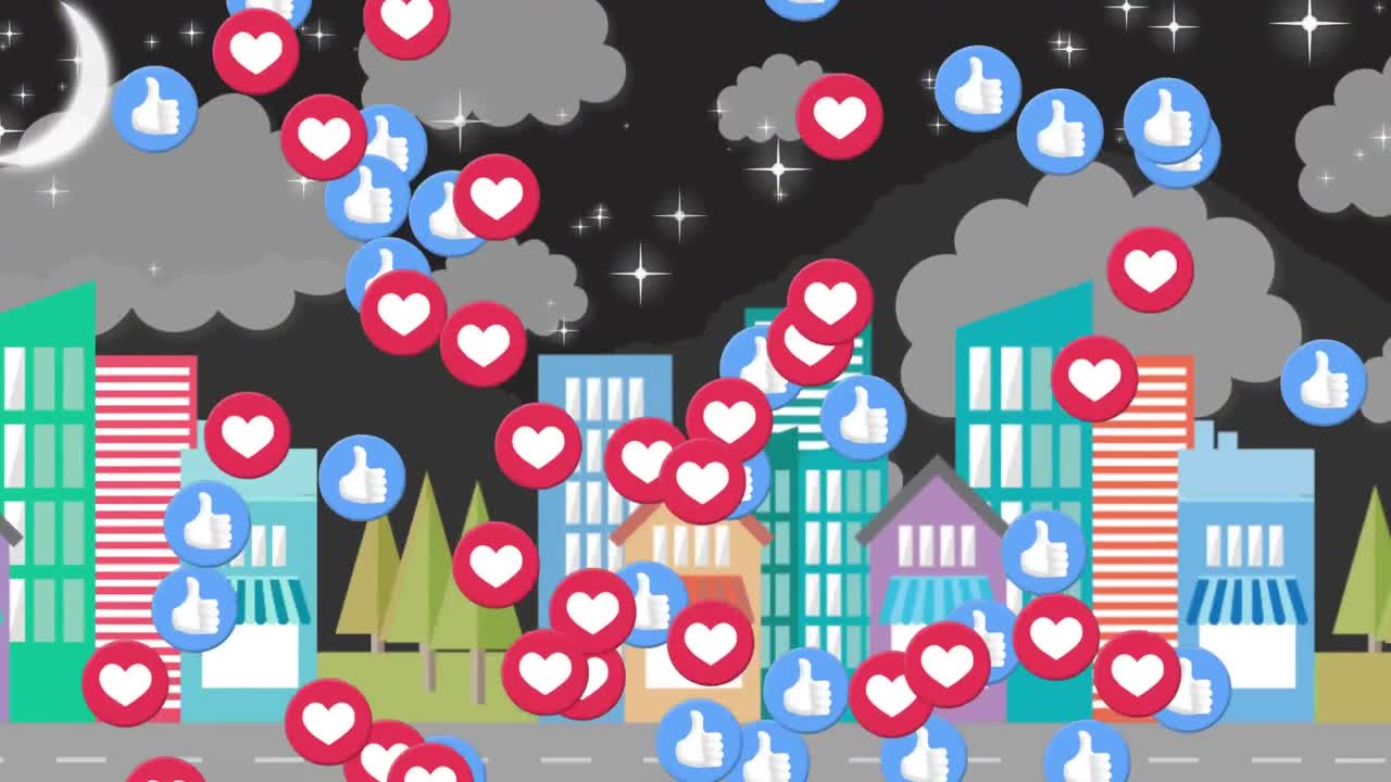 밤에 도시 풍경에 떠다니는 여러 개의 심장과 엄지손가락 아이콘