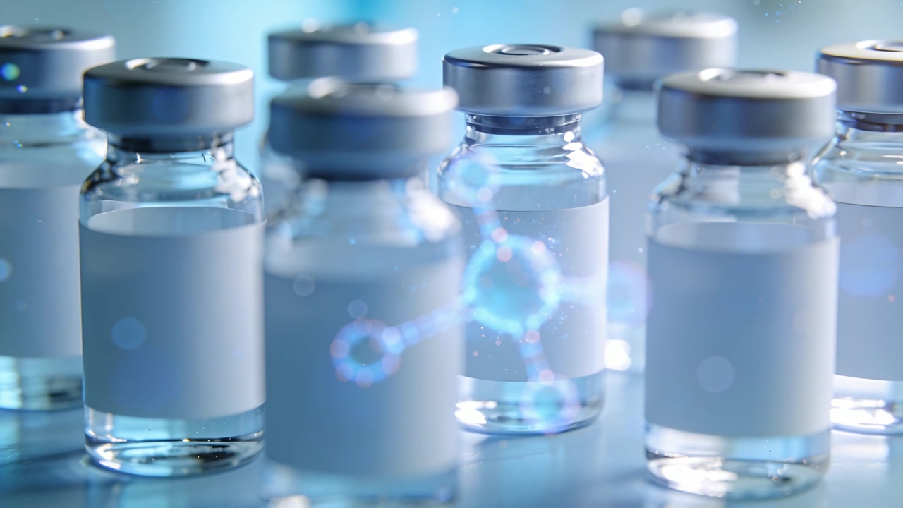 Molecular graphic appearing, camera shifting and revealing central medical vial on lab tabletop