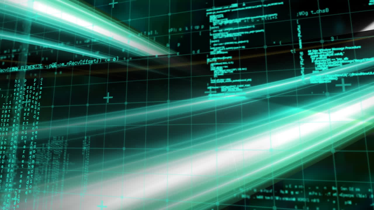 Animation of glowing blue lights and data processing on interface