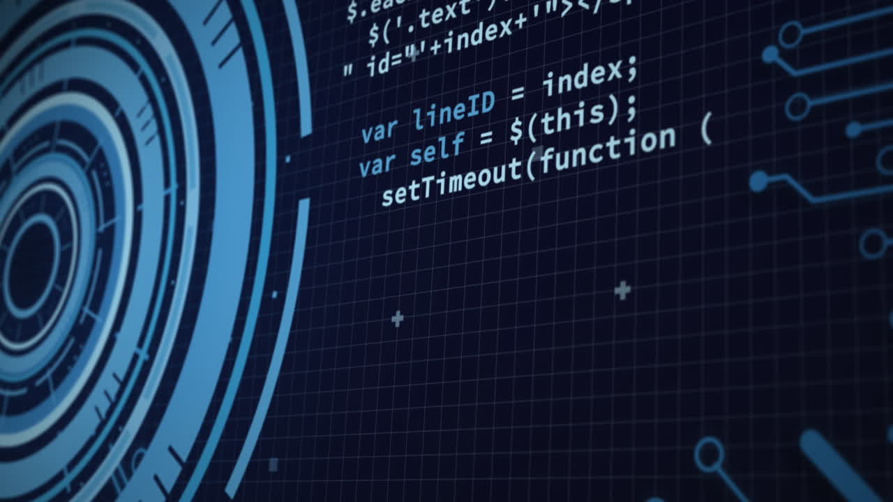 animación de círculos de carga, lenguaje informático y patrón de placa de circuitos sobre fondo negro