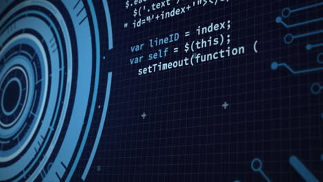 Animation of loading circles, computer language and circuit board pattern over black background