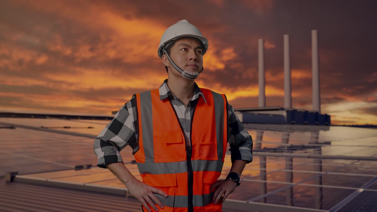 Asian Male Engineer Wearing Safety Helmet Looking Around While Standing With Arms Akimbo, Inspecting Solar Panels on Rooftop at Sunset