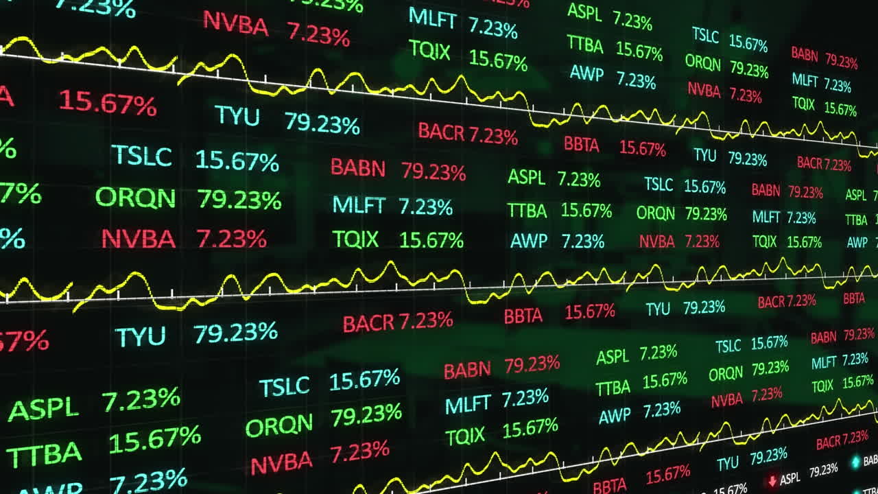 animación de gráficos y procesamiento de datos financieros sobre fondo negro.