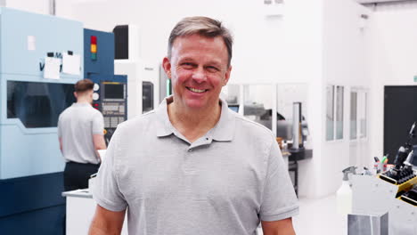 retrato de un ingeniero masculino en el piso de la fábrica de un taller ocupado