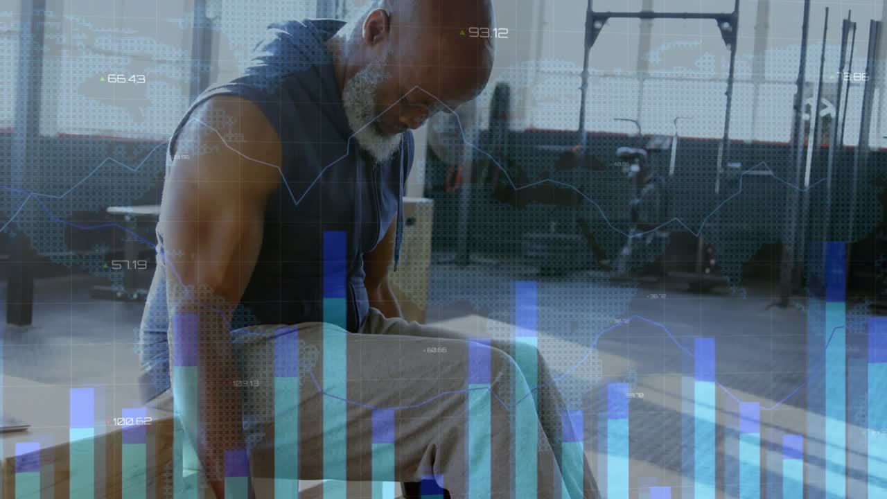 Man gripping dumbbells, doing seated biceps curls on plyo box, blue bar overlays tracking fitness