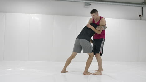 greco-roman wrestlers in a white room with mats. practicing self-defense techniques. throw and pain.