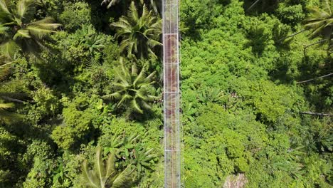 drone flying over lumondo hanging bridge in alegria, philippines