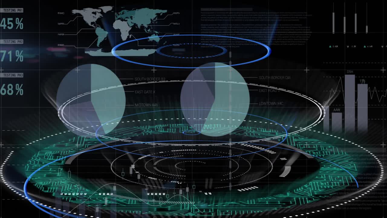 인포그래픽 인터페이스의 애니메이션으로 조명된 회로판 패턴을 원으로 표시합니다.