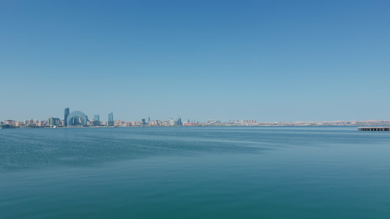 Wide Angle Bay of Baku City at Caspian Sea, Sunny Day
