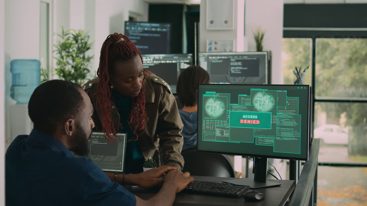 Multiethnic group of program coders dealing with hacked it system