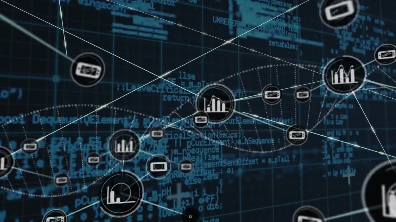 Animation of network of connections with icons and data processing on black background