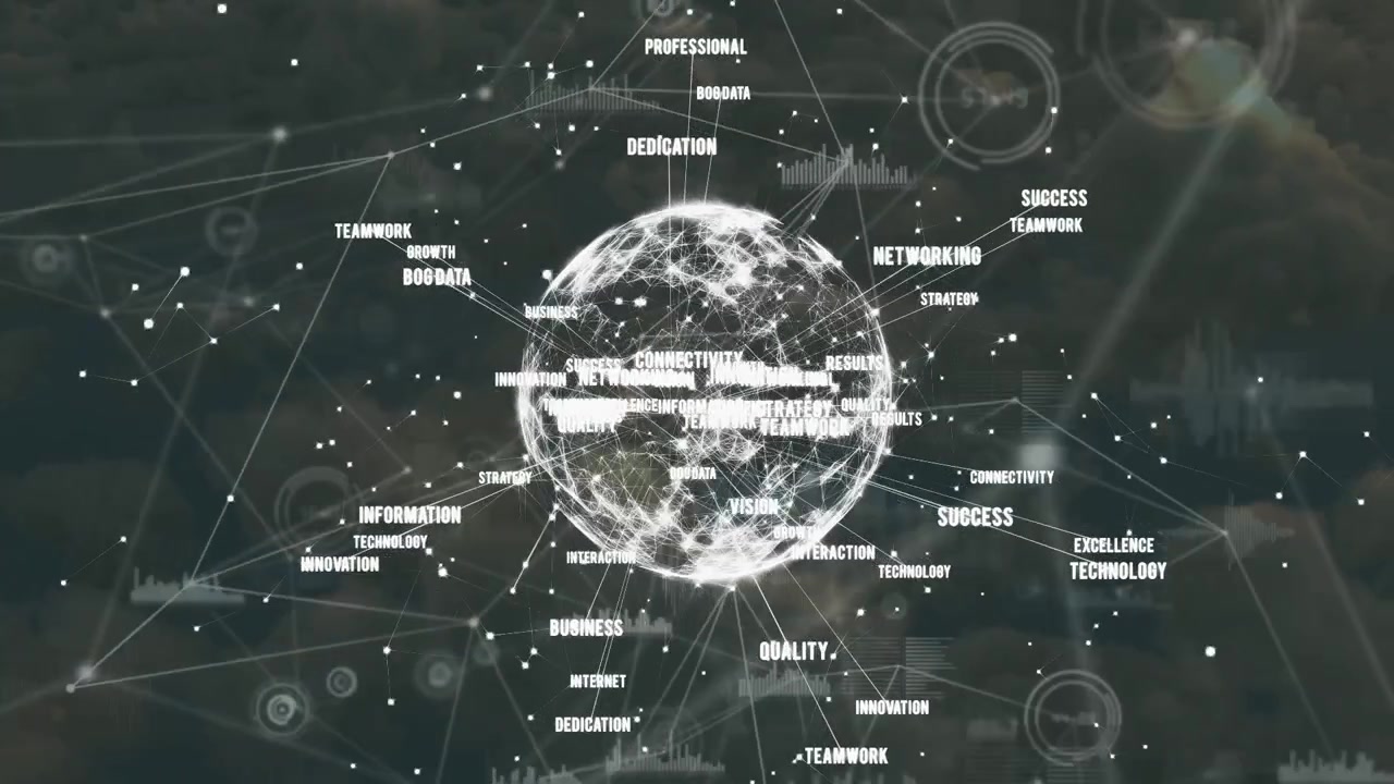 Animation of network of connections with business text over globe