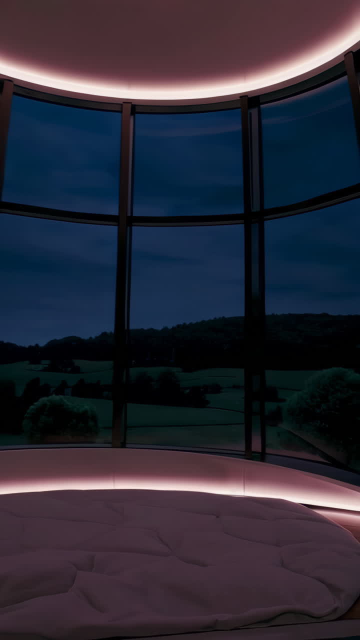 cama circular moderna con grandes ventanas