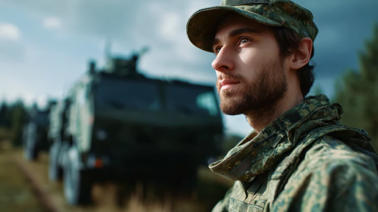 Un soldato in uniforme mimetica osserva veicoli militari con determinazione e concentrazione in un paesaggio naturale sotto un cielo spettacolare, mostrando la preparazione militare