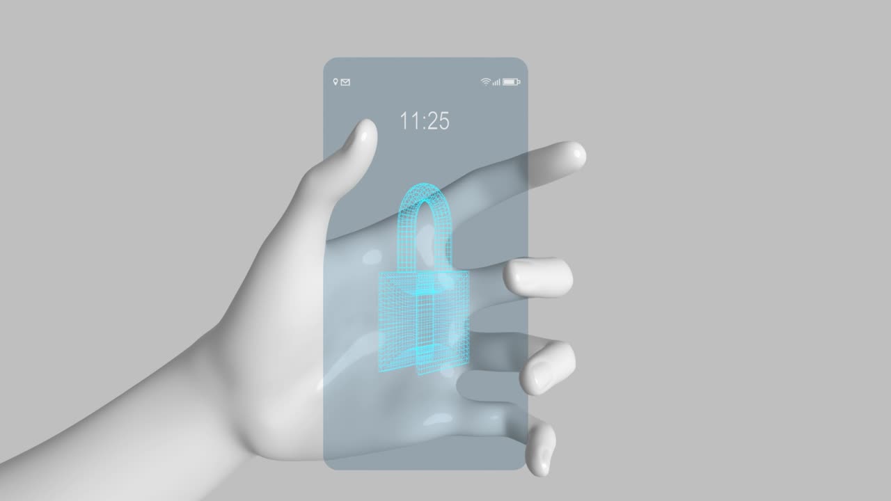 White plastic robotic hand holds a transparent smartphone with a sign of a lock 3d 4k animation. Concept of cyber security and captcha