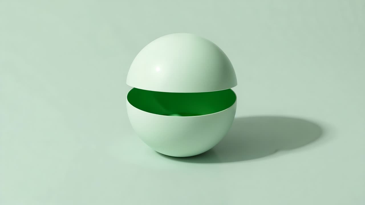 Expanding seam on mint green sphere, lifting top half revealing bright green interior on platform