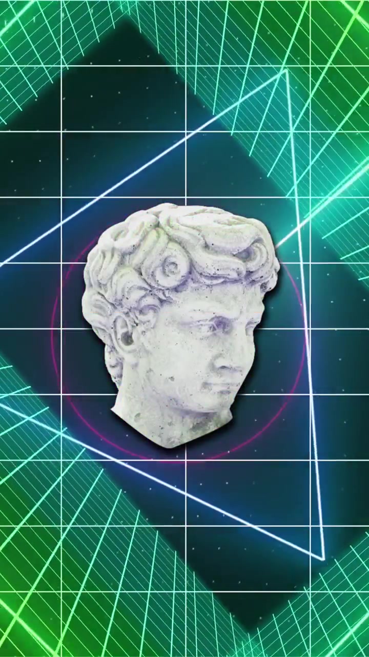 Animazione di scultura di testa con interferenza su forme colorate su sfondo nero