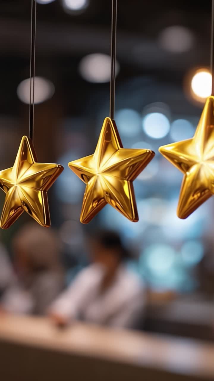 Ornamenti a stella dorati appesi elegantemente su uno sfondo delicatamente illuminato, aggiungendo un tocco di glamour e festività all'ambiente dello spazio circostante.