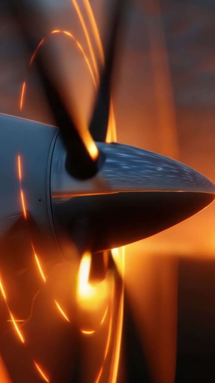 Dynamic Close-Up of an Airplane Propeller Spinning Against a Background of Glimmering Light, Capturing the Essence of Aviation and Motion in Stunning Detail