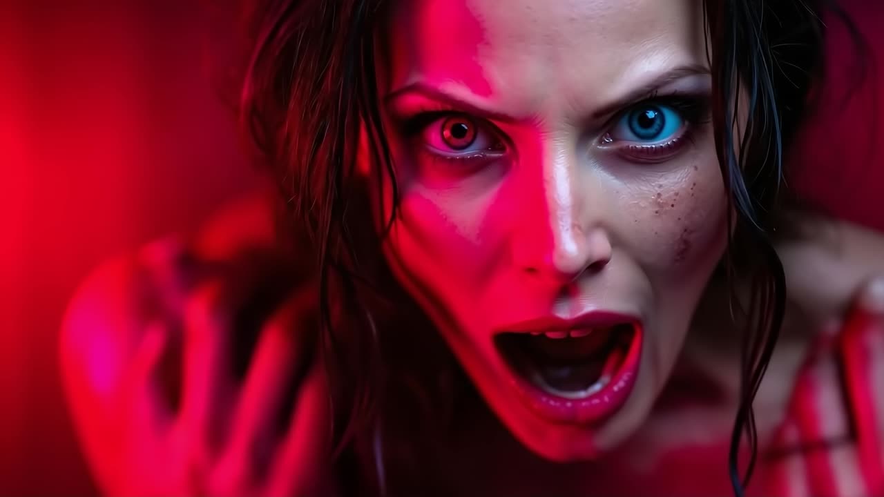 женщина с кровью на лице и голубыми глазами