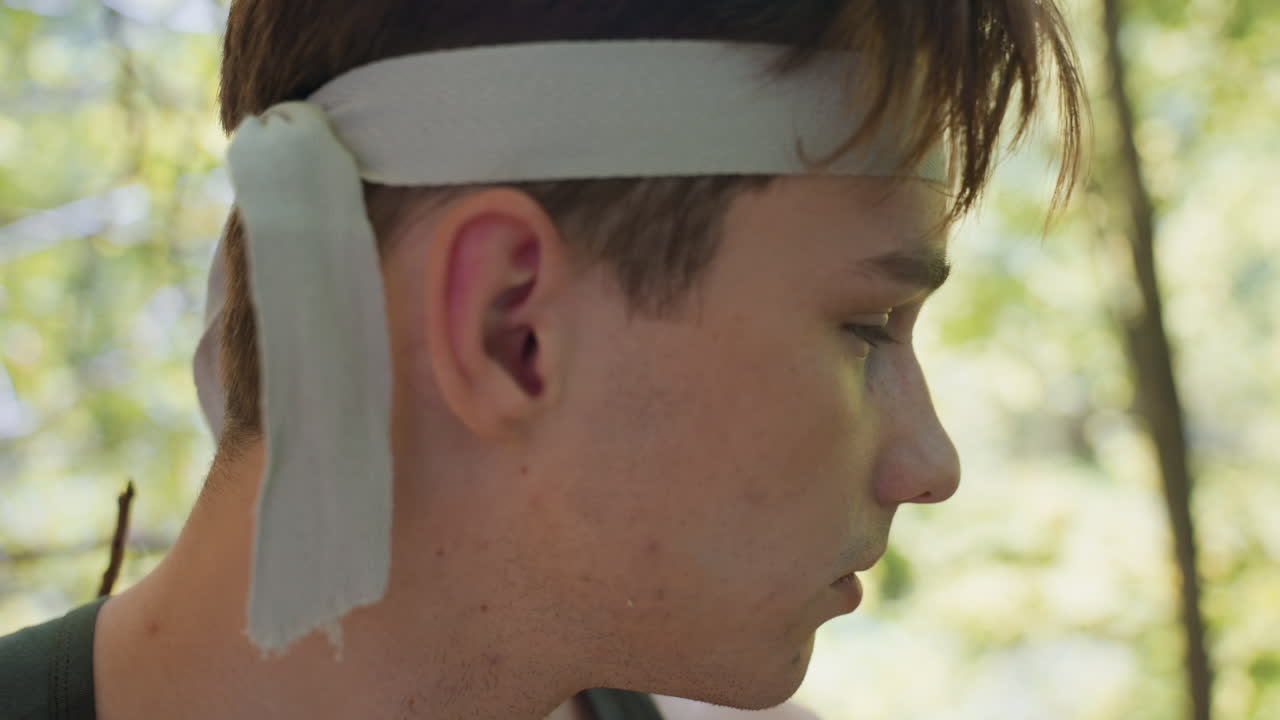 Side view of young man looking worn out while tying headband, sweat on skin, hair falling over forehead, blurred forest background bathed in dappled sunlight showing effort and fatigue
