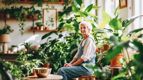 senior woman enjoying the plants in her indoor garden
