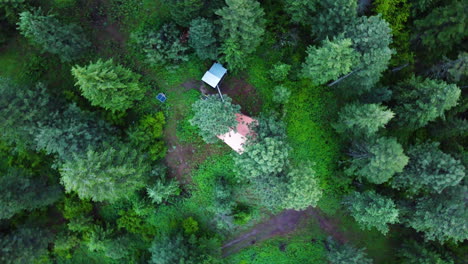 aerial drone view of the drone flying over the forest and a tree house