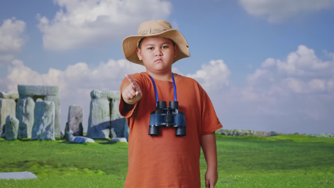 Asian Boy With A Hat And Binoculars Pointing His Finger Towards You And Shaking Head Waving Index Finger Avoid Offer While Traveling In Stonehenge. Boy Researcher Showing No Gesture