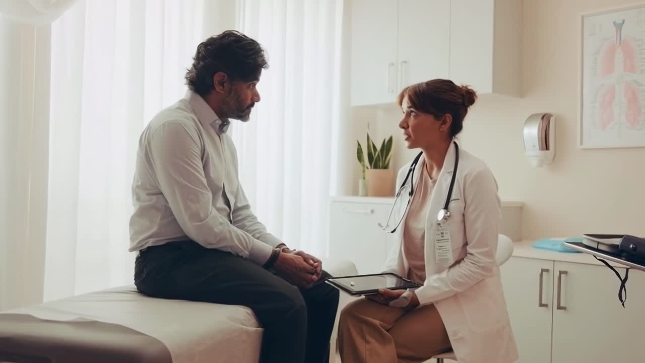 Et stillbilde fra video viser en lege og pasient på en klinikk, fanget fra sidevinkel, med varm belysning