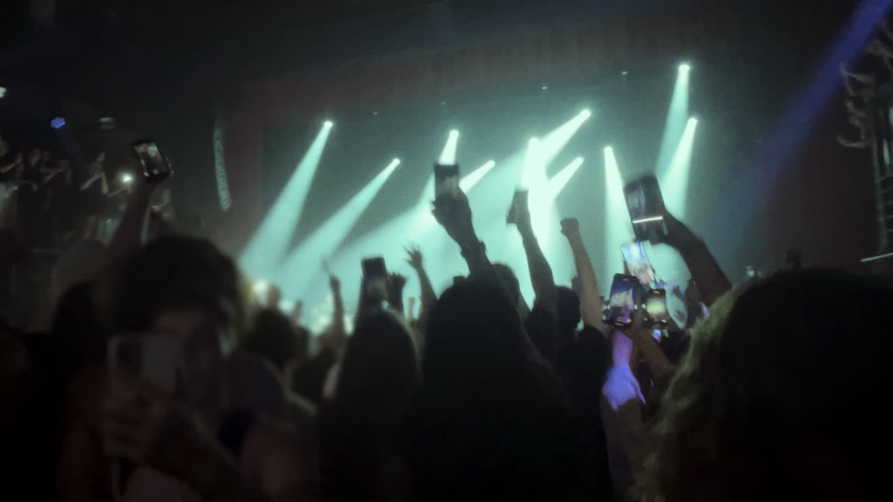 Crowd of concertgoers enjoying live music with illuminated stage and vibrant atmosphere