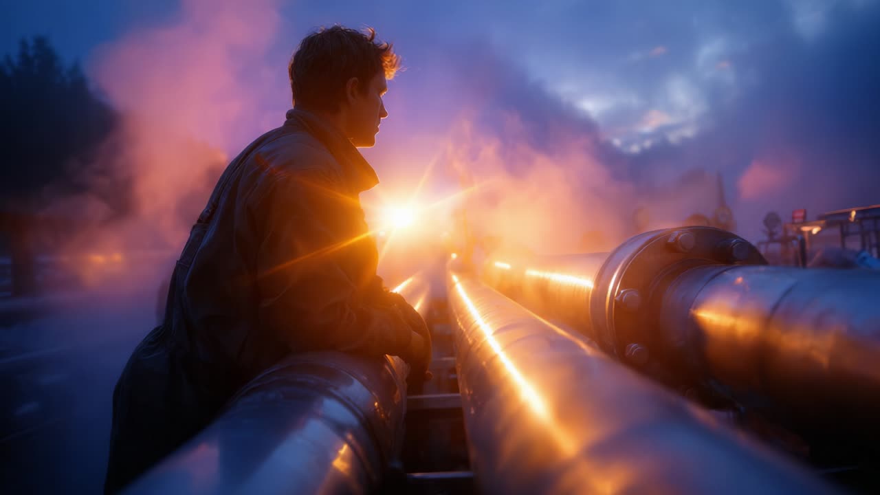 A sole figure stands contemplatively at the edge of industrial pipes, bathed in a glow of twilight hues, as steam swirls around, capturing a moment of reflection amidst a mesmerizing backdrop of light and shadow