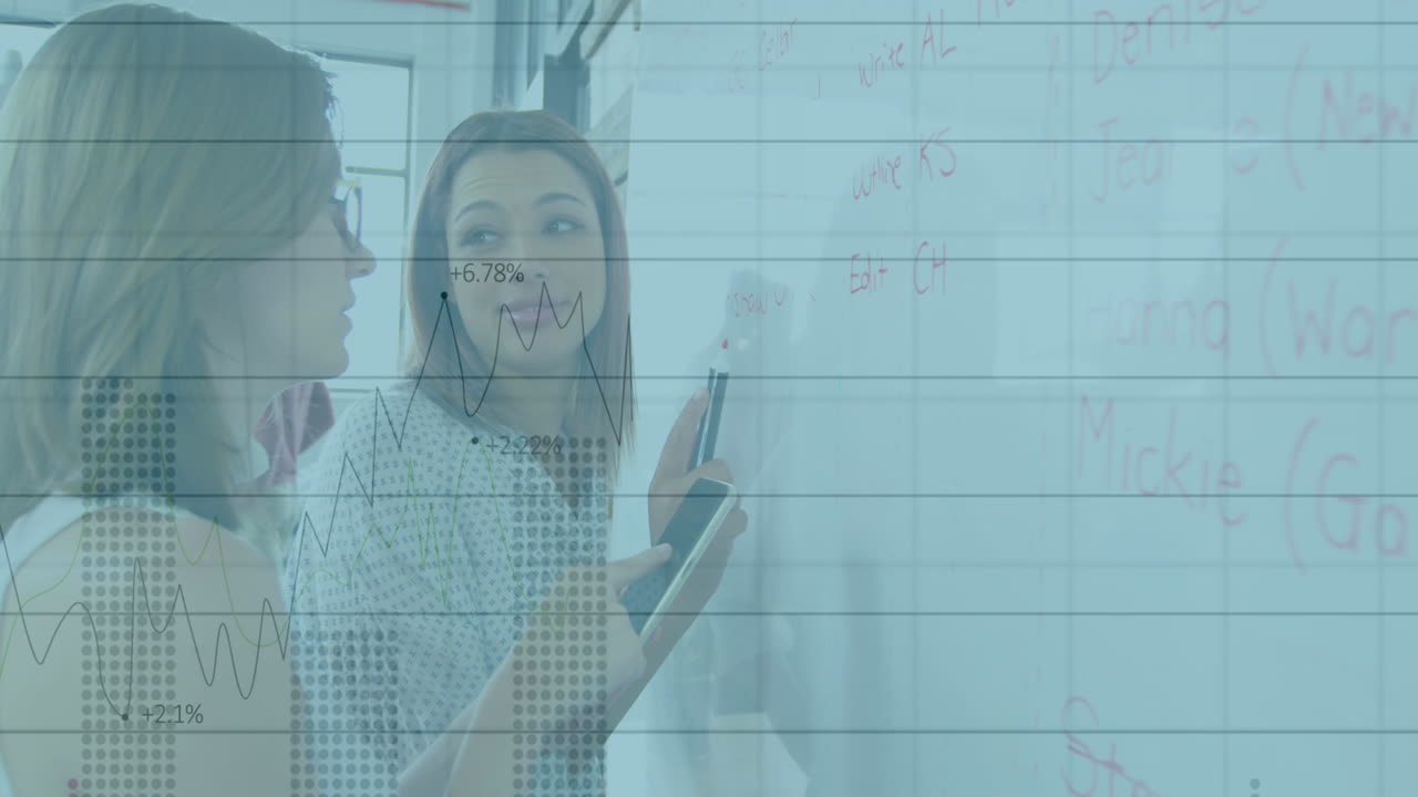 animación del procesamiento de datos financieros sobre mujeres empresarias que trabajan en la oficina