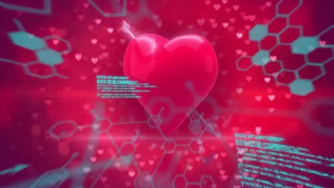 animación de fórmulas químicas y procesamiento de datos sobre un corazón giratorio con flecha