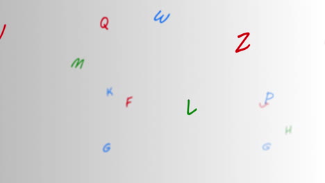 random letters with colors blue, green, red move towards the left in a vast empty space