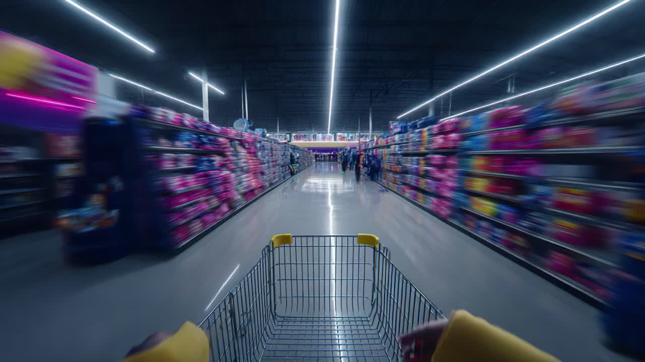 A Journey Through Colorful Aisles: Exploring the Vibrant World of Shopping in a Supermarket, Capturing the Joy of Cart Maneuvering Amidst Bright Shelves of Products