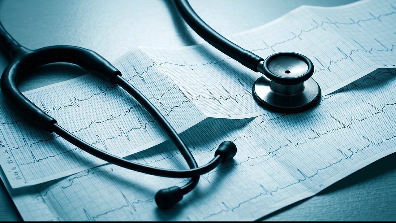 Primo piano di stetoscopio e carta per elettrocardiogramma su scrivania medica