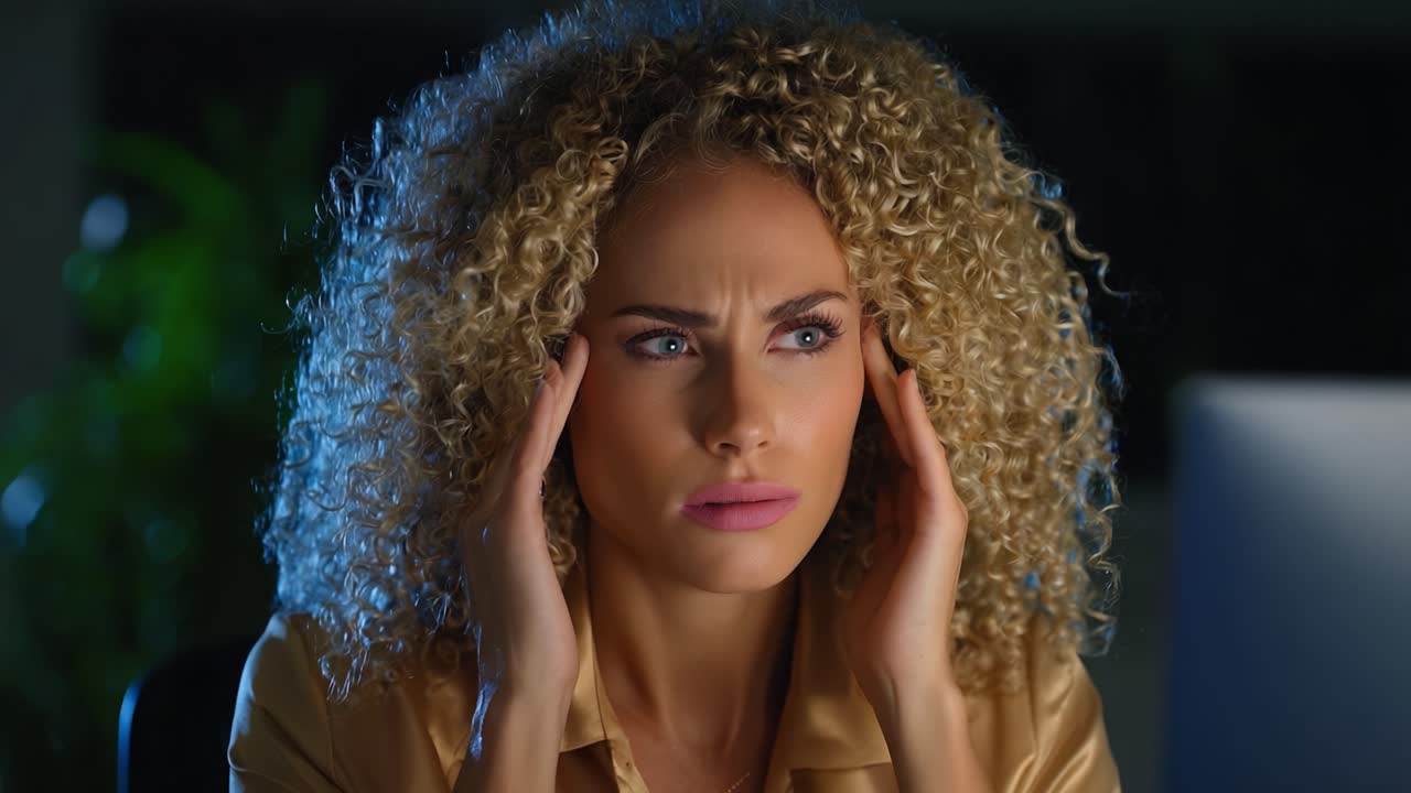 A woman experiencing intense stress and frustration, with her hands on her temples, conveying a strong expression of concentration and anxiety in a dimly lit environment