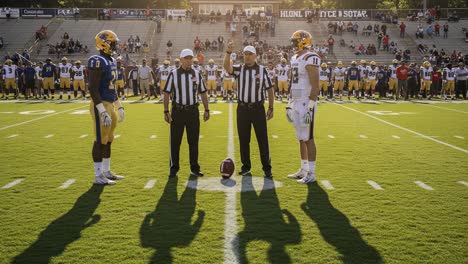 excitement builds at the coin toss: two teams prepare for action in a high-stakes football game under the bright sun