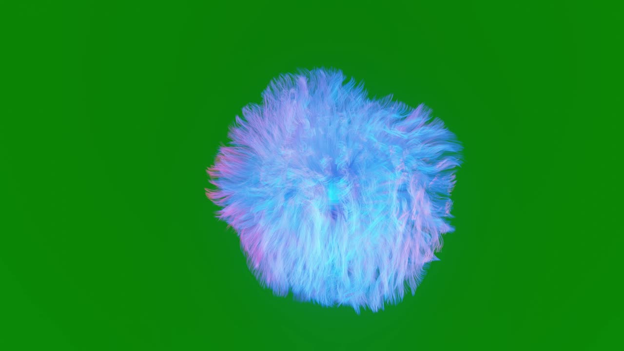 초록색 배경에서 움직이는 털 모양의 구. 크로마 키. 3d 애니메이션. 파란색 날아다니는 질.