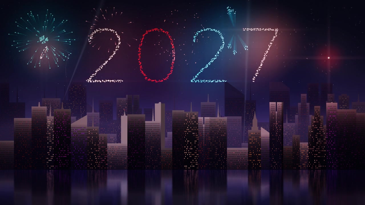 Fuochi d'artificio vivaci esplodono in un cielo notturno viola scuro, formando le lettere 2027 sopra uno skyline cittadino luminoso con riflessi sull'acqua, animazione in loop per Capodanno