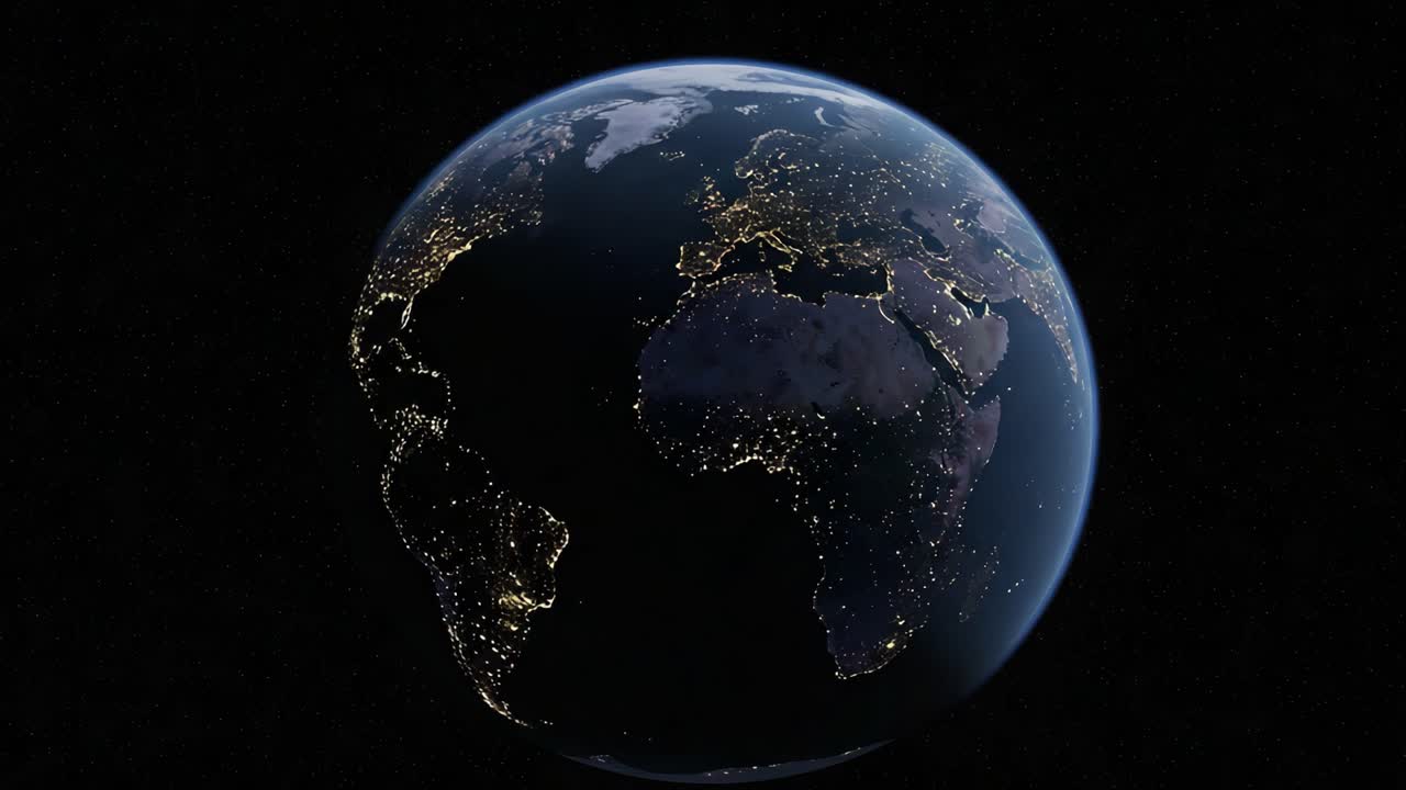 A Stunning View of Earth from Space at Night, Showcasing Cities Illuminated by Artificial Lights Against a Beautiful Celestial Background