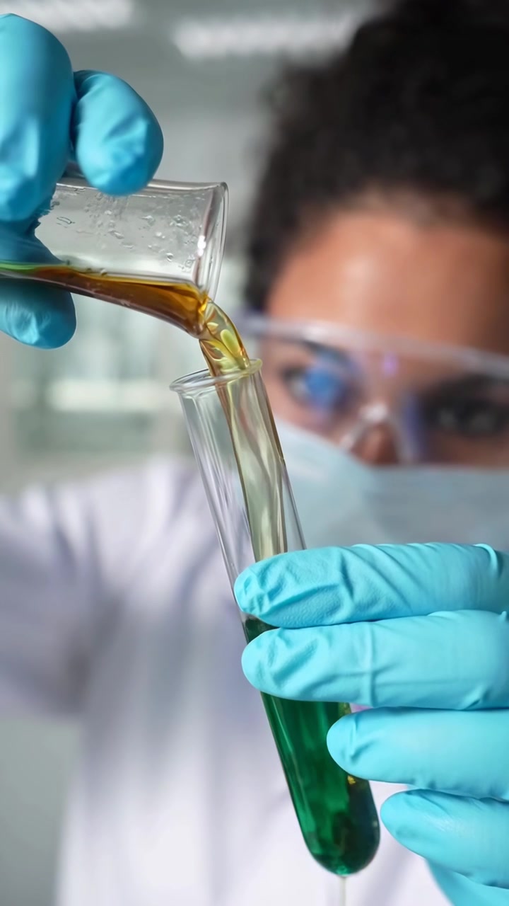 Scientist Pours Liquid into Test Tube for Chemical Reaction