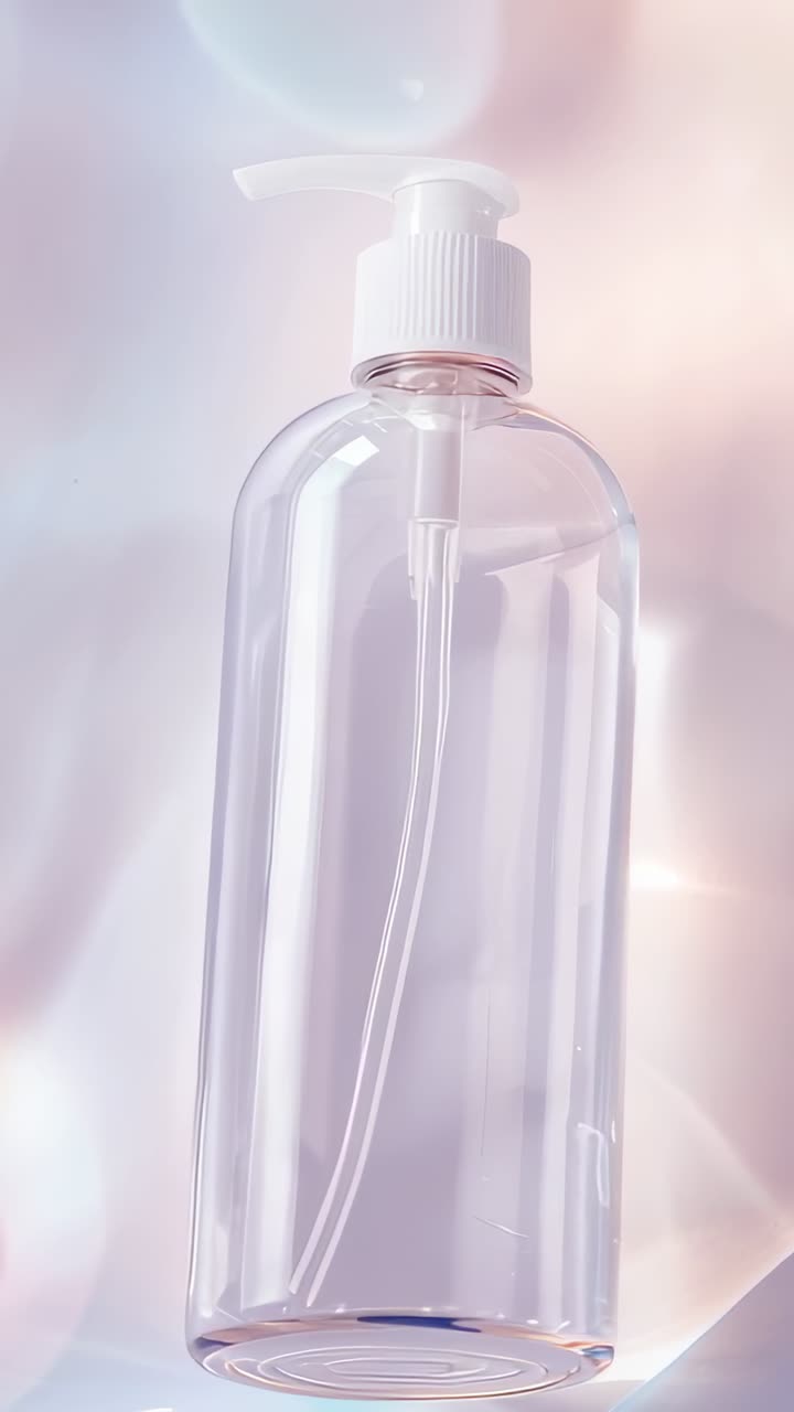 Vertical video: Floating clear plastic pump bottle rotating in pastel backdrop showcasing pump head