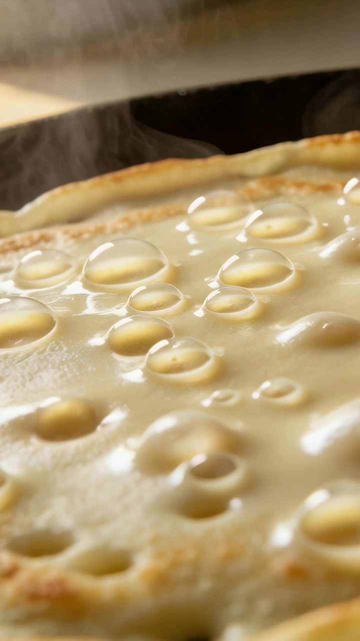 Video verticale: Pancake che bolle reagendo al calore della padella, con cupole che si formano, spatola che si muove e vapore che sale.