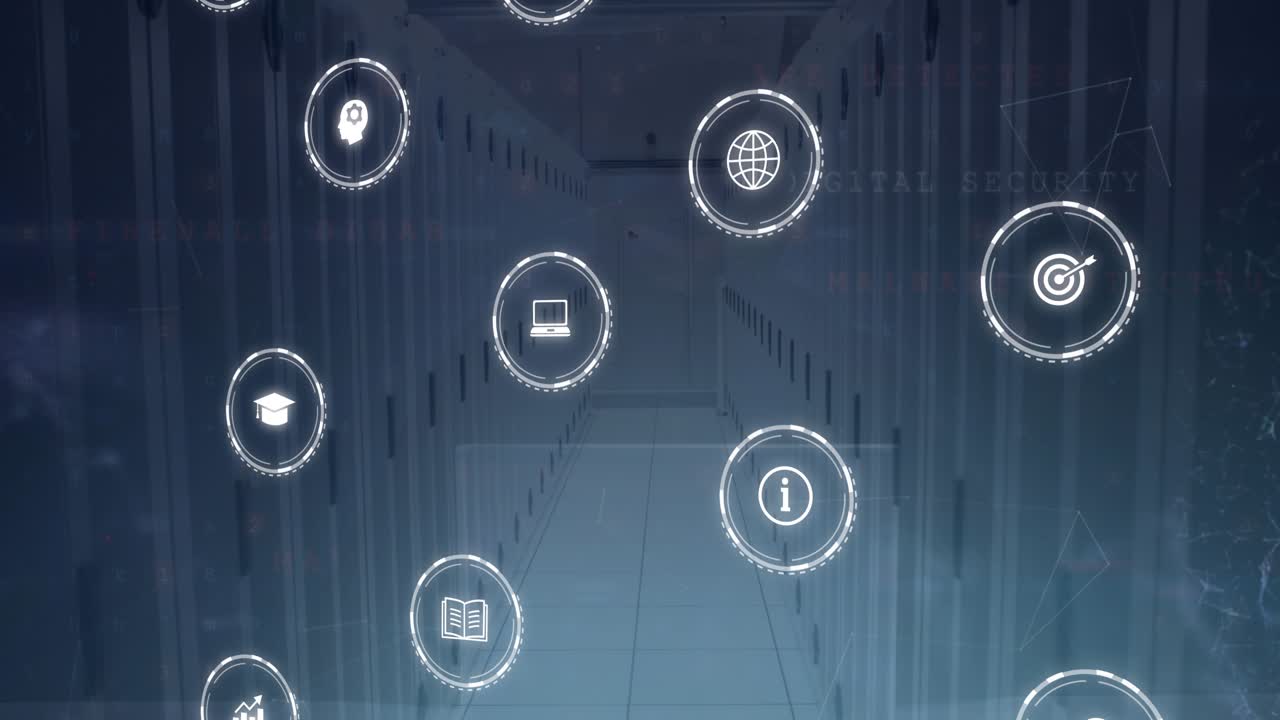 Animazione di una rete di connessioni con icone sopra una server room