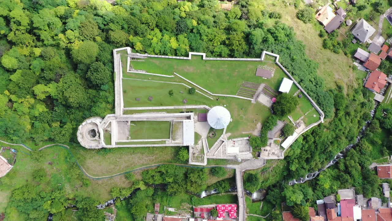 Aerial drone flyover Travnik castle in Bosnia and Herzegovina