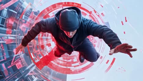 man in hoodie with abstract futuristic background