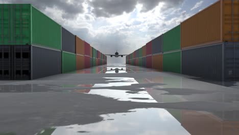 cargo airplane flying over container docks