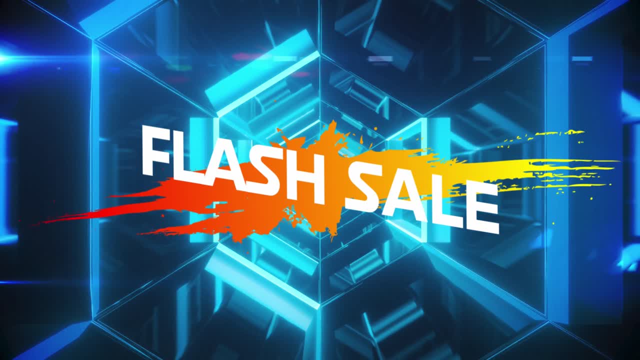 플래시 판매 텍스트의 애니메이션 페인트 얼룩 위에 네온 파란 터널의 원활한 패턴