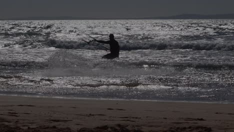 kitesurf y perro en las oscuras olas del océano durante la puesta de sol